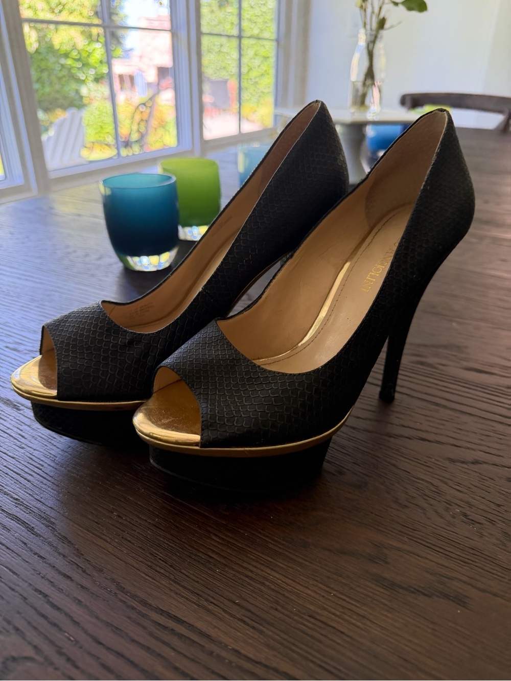 2000s Black Peep-Toe High Heel Pumps with Gold Accent by Enzo